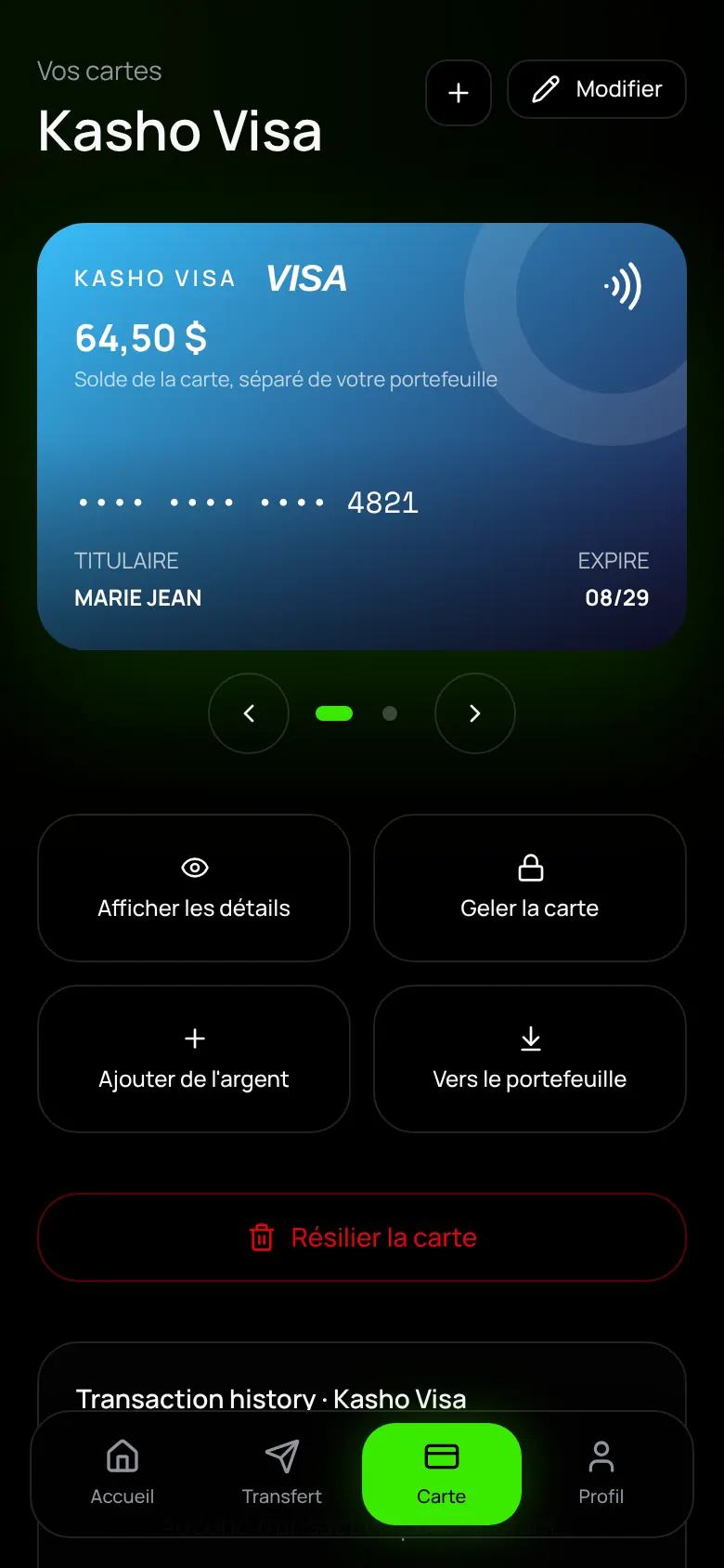 Écran de l'application Kasho Pay : Carte