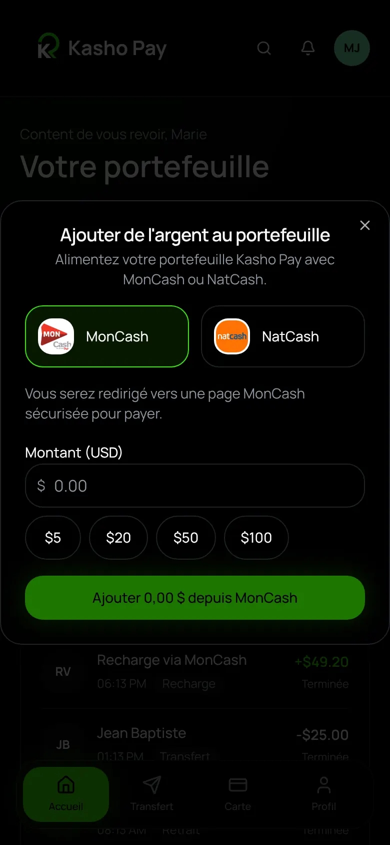 Écran de l'application Kasho Pay : Recharge