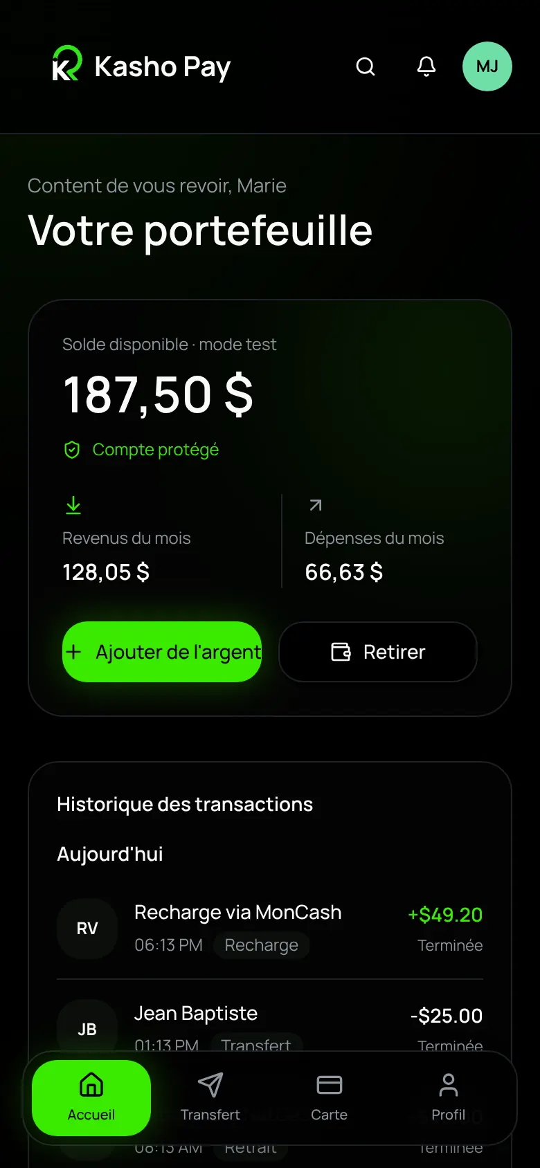 Écran de l'application Kasho Pay : Accueil