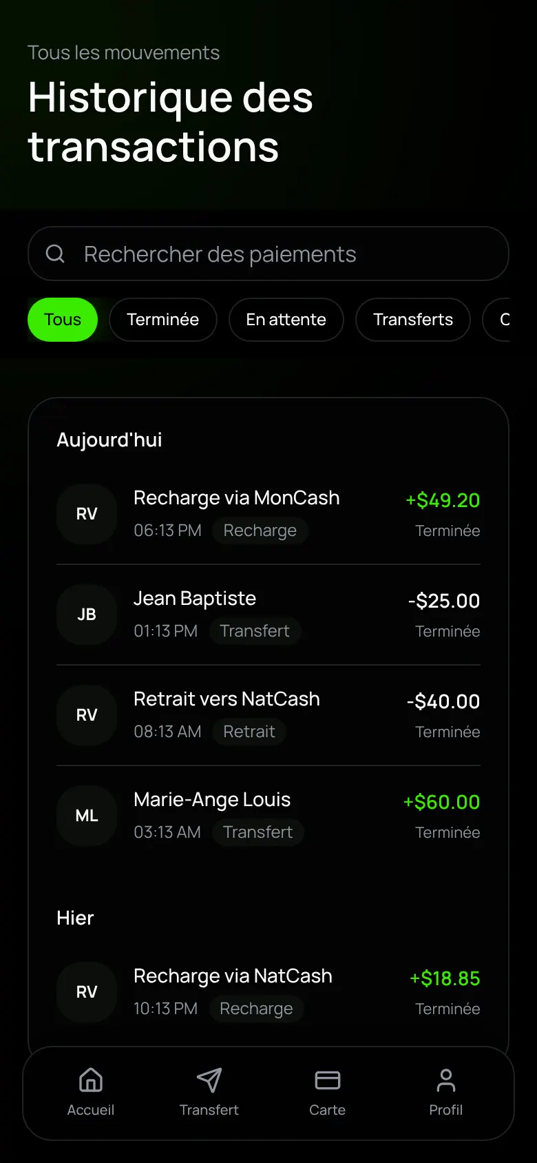 Écran de l'application Kasho Pay : Historique