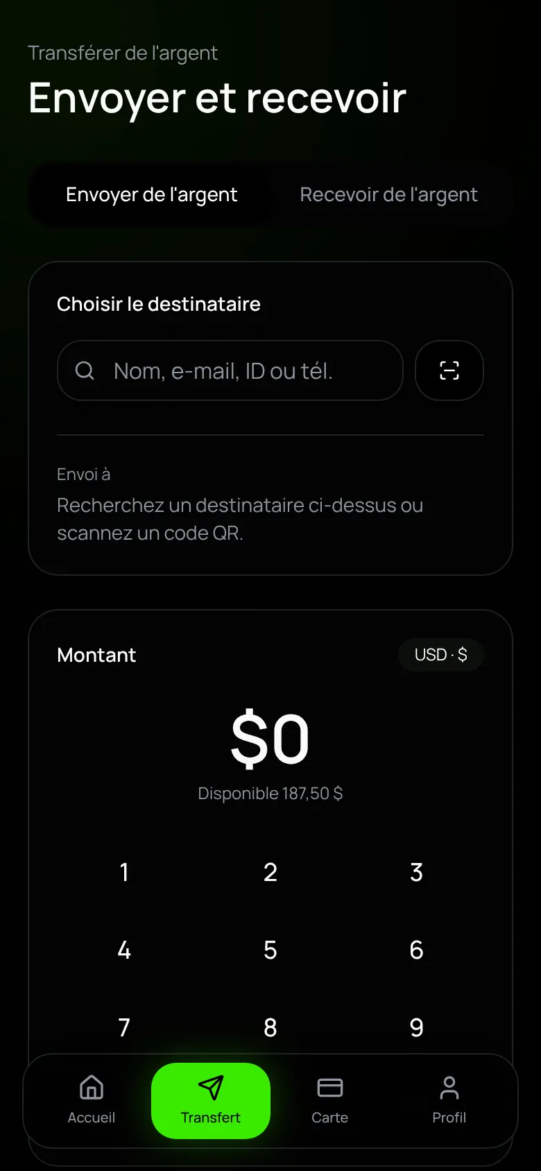 Écran de l'application Kasho Pay : Transfert